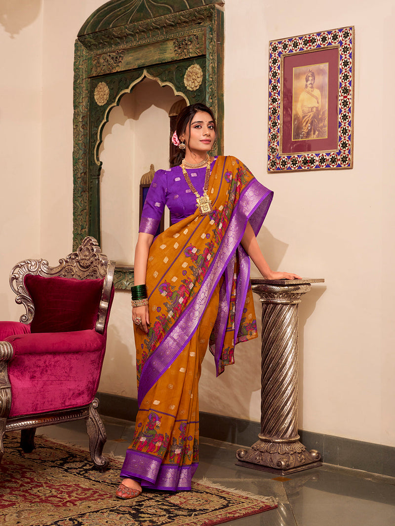 Mustard Color Kalamkari Print With Zari Weaving Work Poly Cotton Saree