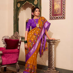 Mustard Color Kalamkari Print With Zari Weaving Work Poly Cotton Saree