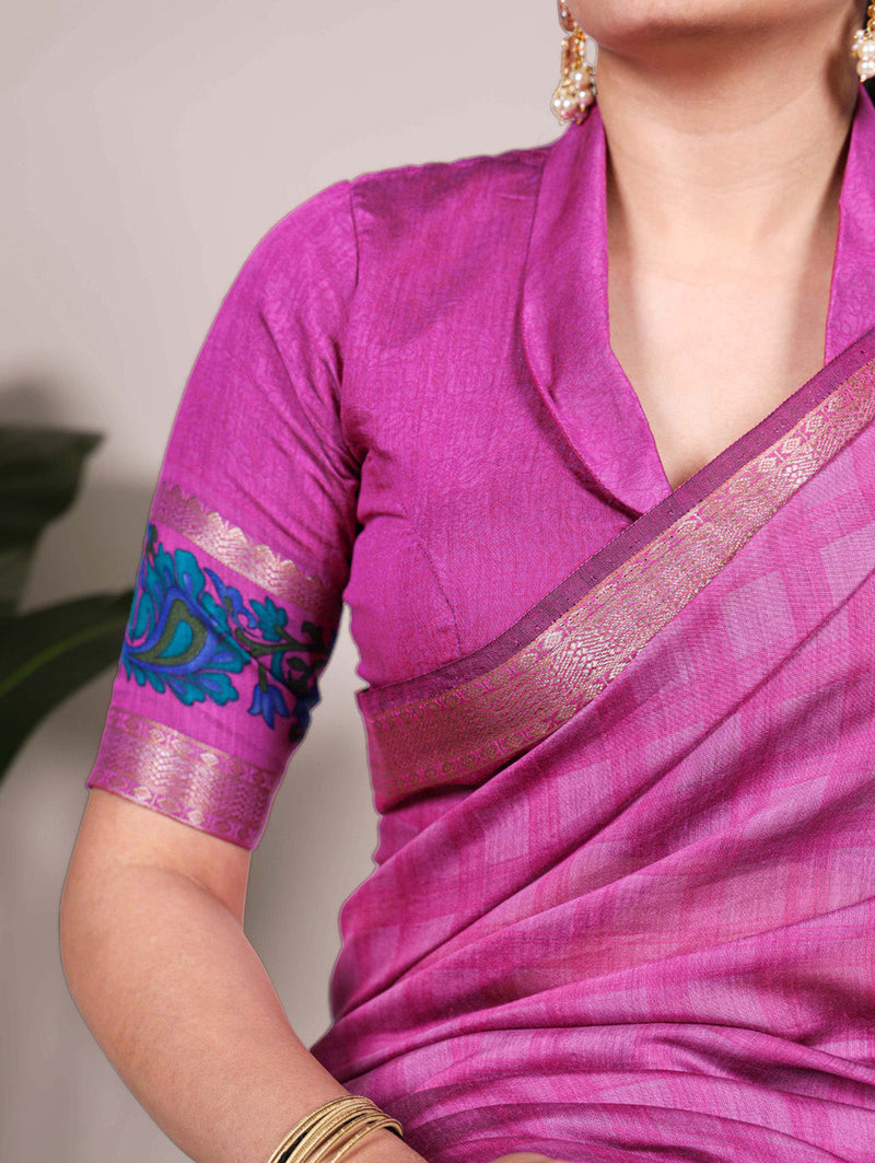 Pink Color Printed With Zari Weaving Work Polyester Viscose Chanderi Saree