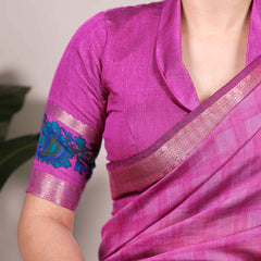Pink Color Printed With Zari Weaving Work Polyester Viscose Chanderi Saree