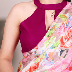 Light Pink Color Floral Printed Dull Satin Silk Saree