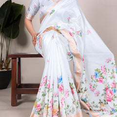 Sky Blue Color Printed Tussar Silk With Viscose Border Saree