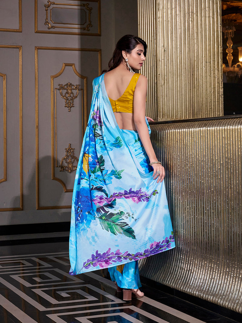 Sky Blue Color Printed Satin Silk saree