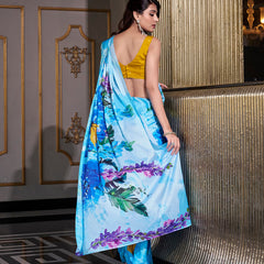 Sky Blue Color Printed Satin Silk saree