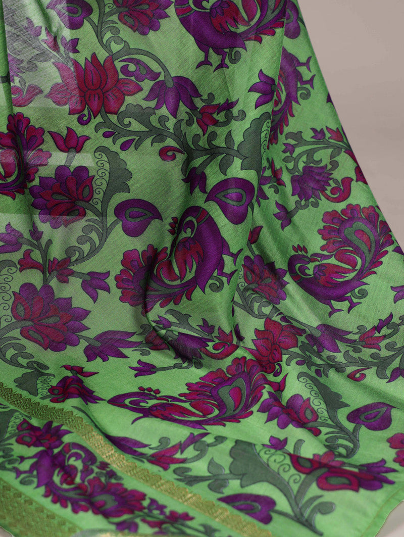 Parrot Color Printed With Zari Weaving Work Polyester Viscose Chanderi Saree