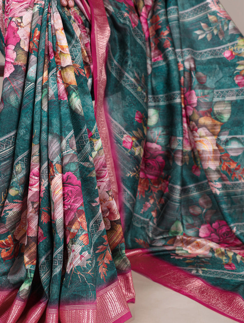 Green Color Printed Tussar Silk With Viscose Border Saree
