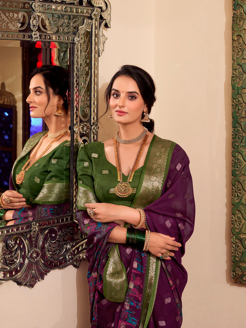 Wine Color Kalamkari Print With Zari Weaving Work Poly Cotton Saree