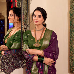 Wine Color Kalamkari Print With Zari Weaving Work Poly Cotton Saree