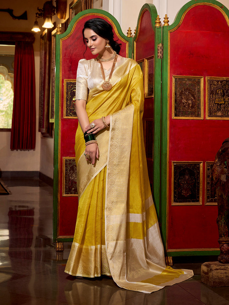 Yellow Color Zari Weaving Work Jacquard Chex South Indian Saree