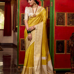 Yellow Color Zari Weaving Work Jacquard Chex South Indian Saree