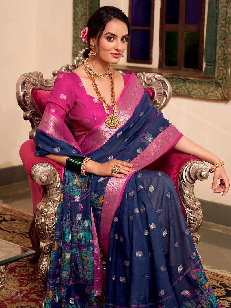 Navy Blue Color Kalamkari Print With Zari Weaving Work Poly Cotton Saree