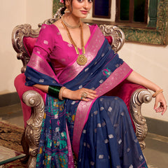 Navy Blue Color Kalamkari Print With Zari Weaving Work Poly Cotton Saree