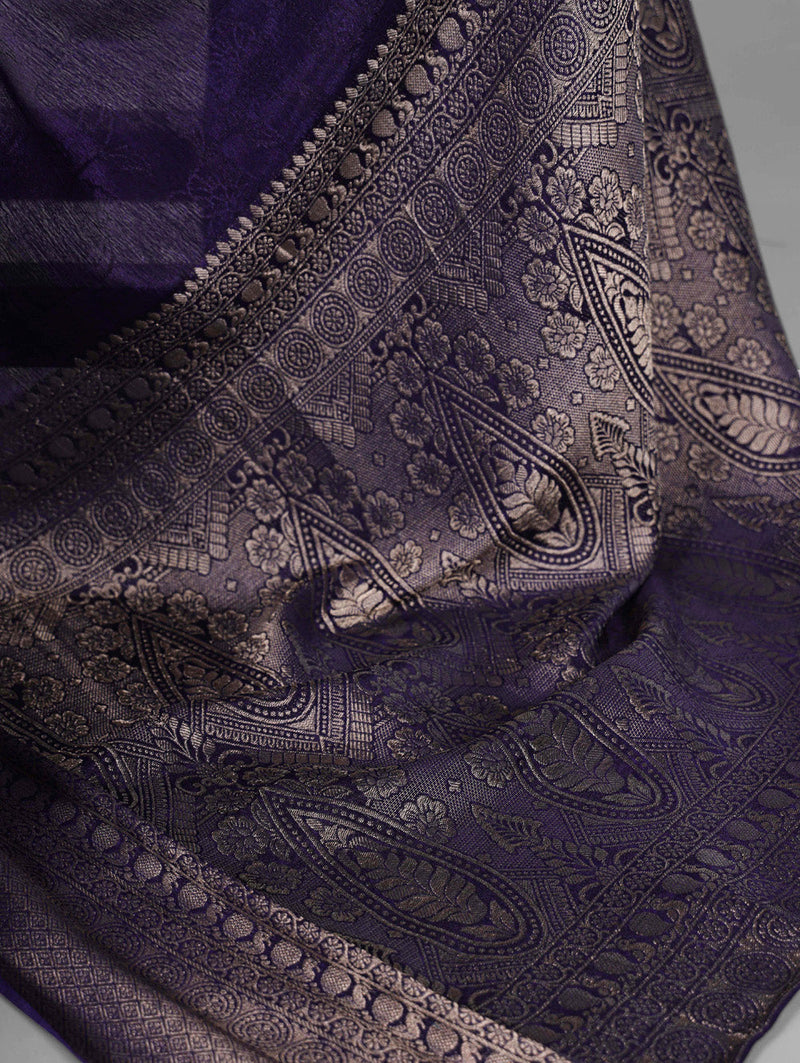 Navy Blue Color Self Printed With Zari Weaving Work Chinon Saree