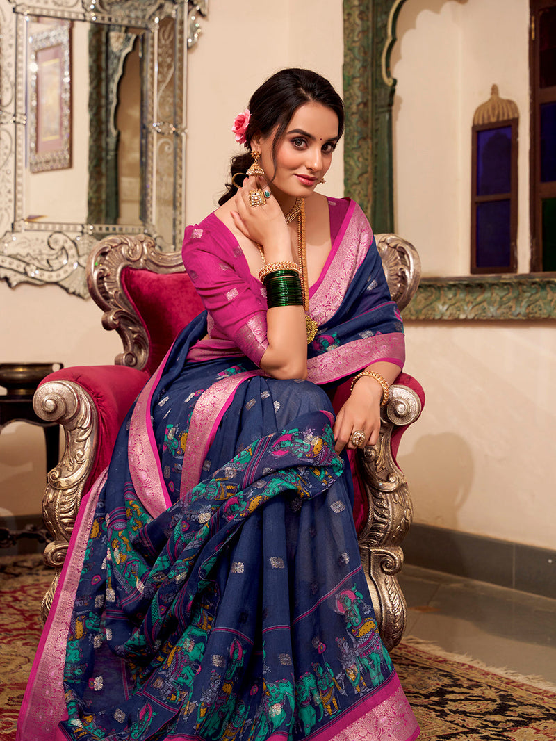 Navy Blue Color Kalamkari Print With Zari Weaving Work Poly Cotton Saree