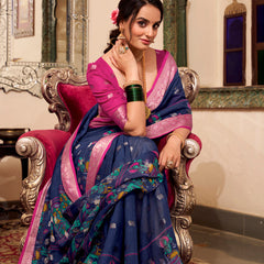 Navy Blue Color Kalamkari Print With Zari Weaving Work Poly Cotton Saree