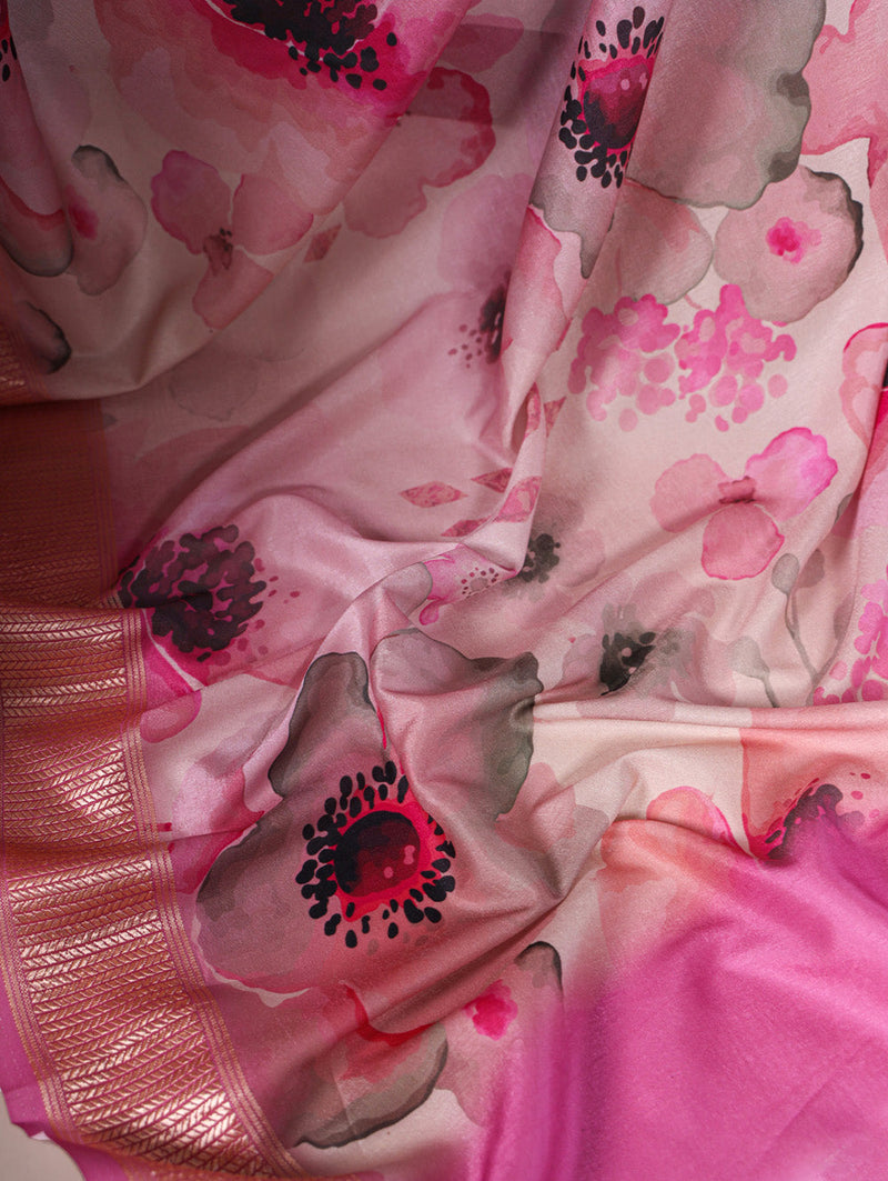 Pink Color Printed Tussar Silk With Viscose Border Saree