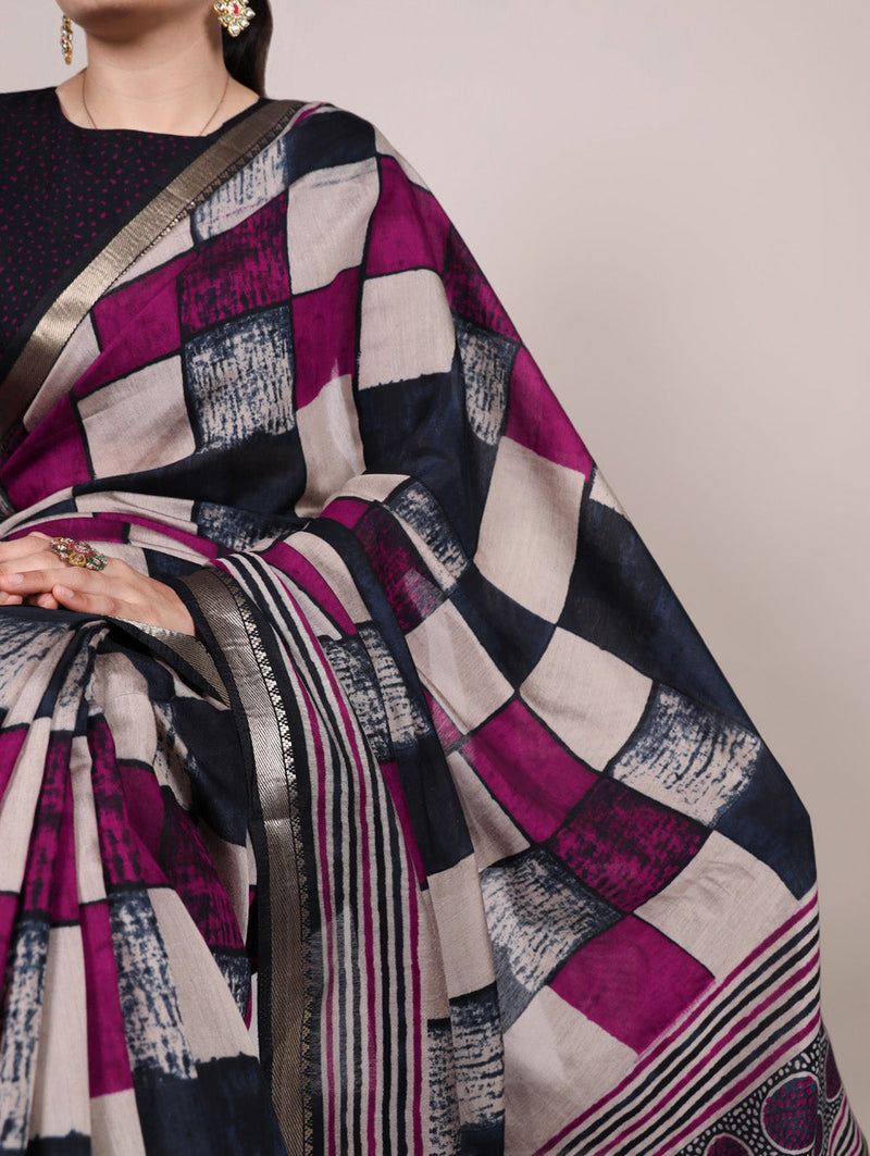 Navy Blue Color Printed With Temple Border Polyester Viscose Chanderi Saree