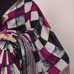 Navy Blue Color Printed With Temple Border Polyester Viscose Chanderi Saree