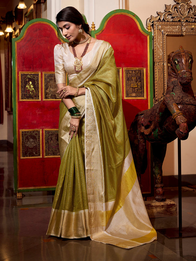 Green Color Zari Weaving Work Jacquard Chex South Saree