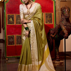 Green Color Zari Weaving Work Jacquard Chex South Saree
