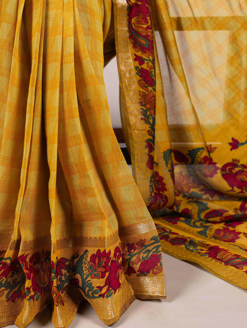 Mustard Color Printed With Zari Weaving Work Polyester Viscose Chanderi Saree