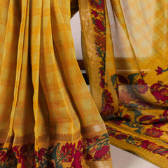 Mustard Color Printed With Zari Weaving Work Polyester Viscose Chanderi Saree
