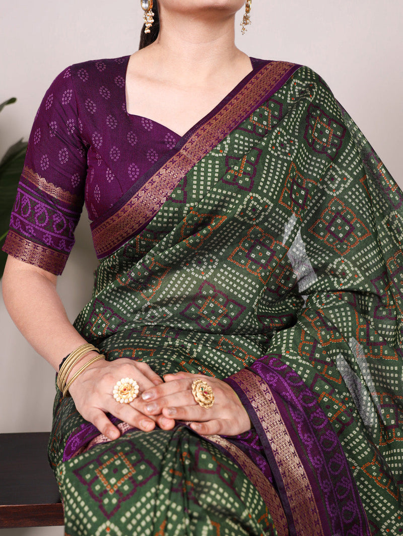 Mehandi Color Bandhej Print With Zari Weaving Work Viscose Chanderi Saree