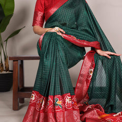 Green Color Patola Print With Weaving Work Tussar Chex Saree