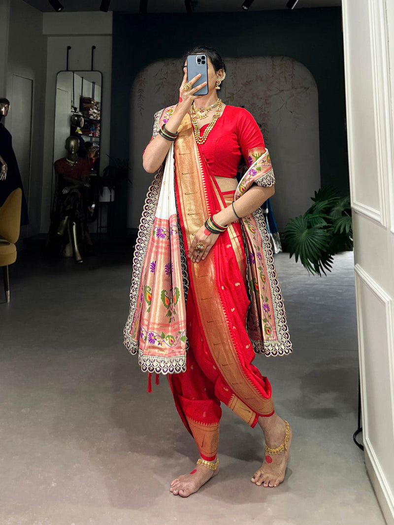Red Color Zari Weaving Work With Jacquard Silk (Paithani) Maharashtrian Bride Saree