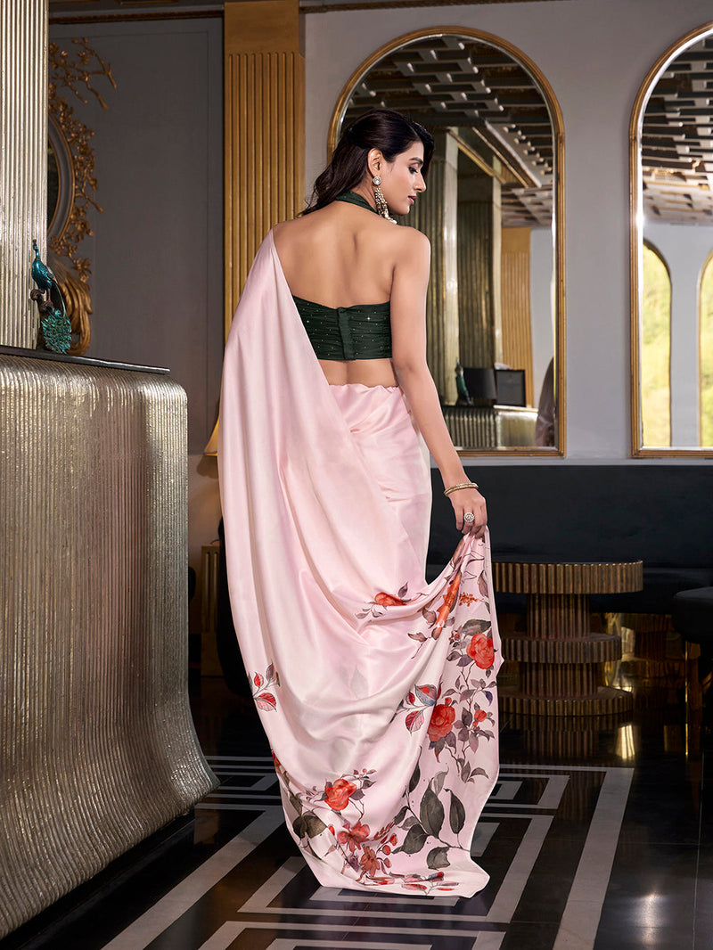 Off White Color Printed Satin Silk saree