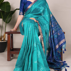 Teal Color Printed With Zari Weaving Work Jacquard Silk Saree