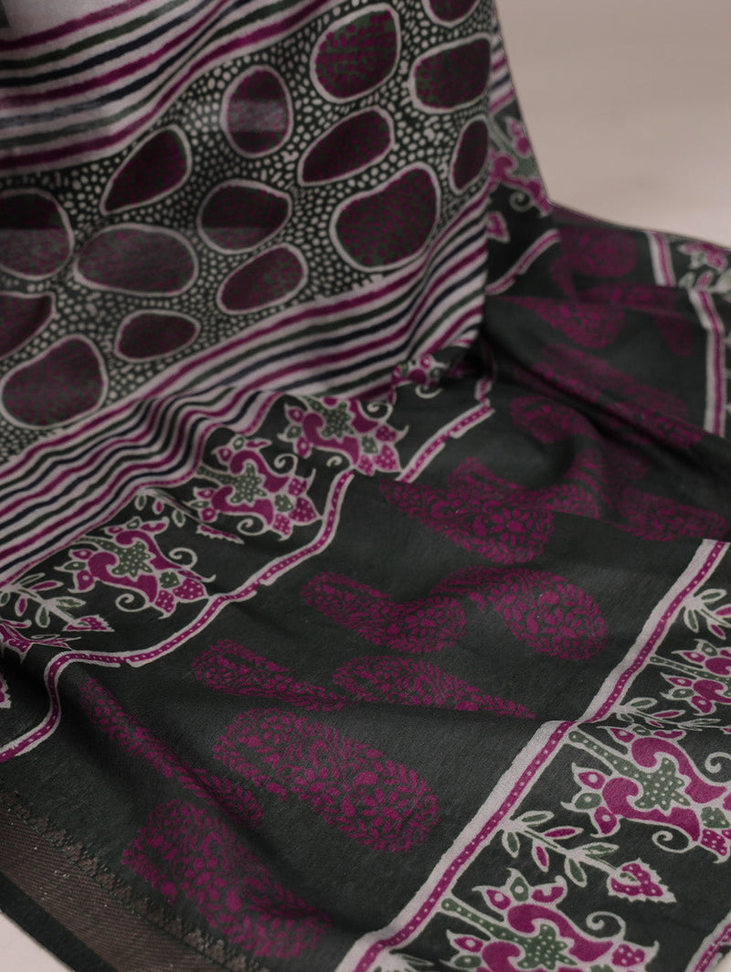 Green Color Printed With Temple Border Polyester Viscose Chanderi Saree