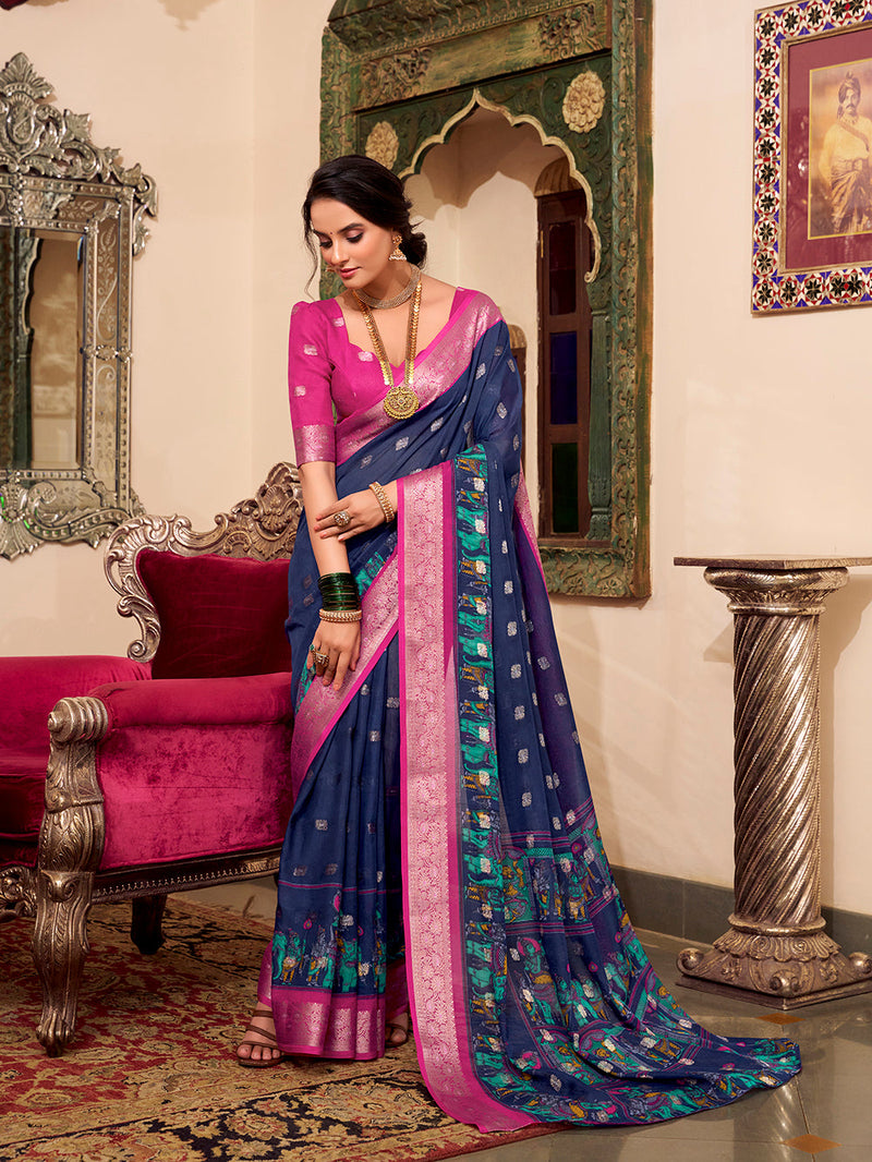 Navy Blue Color Kalamkari Print With Zari Weaving Work Poly Cotton Saree