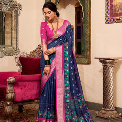 Navy Blue Color Kalamkari Print With Zari Weaving Work Poly Cotton Saree