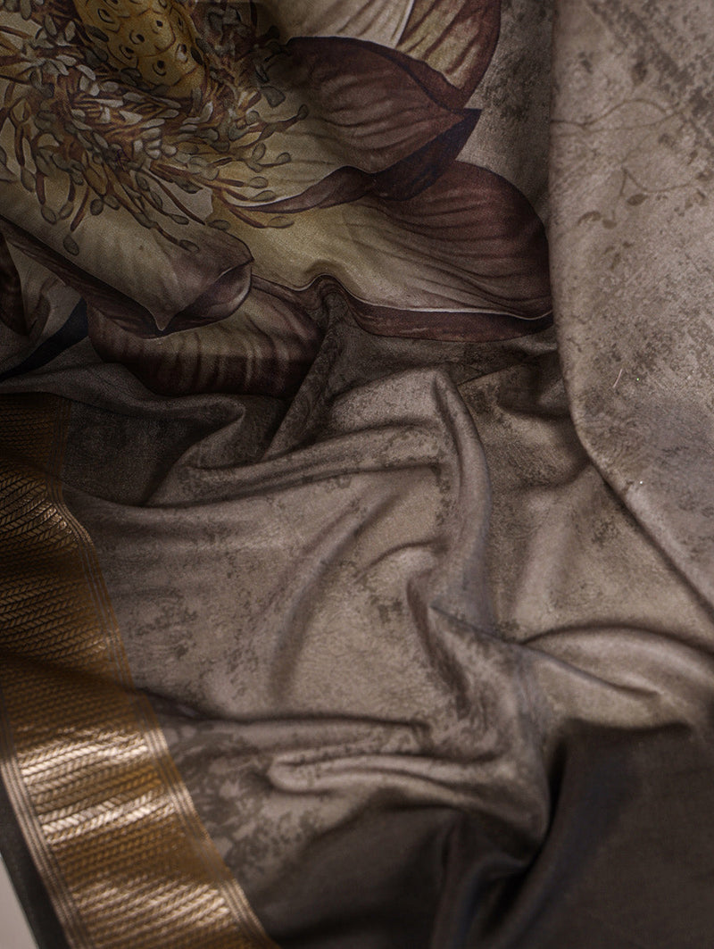 Mehandi Color Printed Tussar Silk With Viscose Border Saree