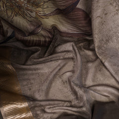 Mehandi Color Printed Tussar Silk With Viscose Border Saree