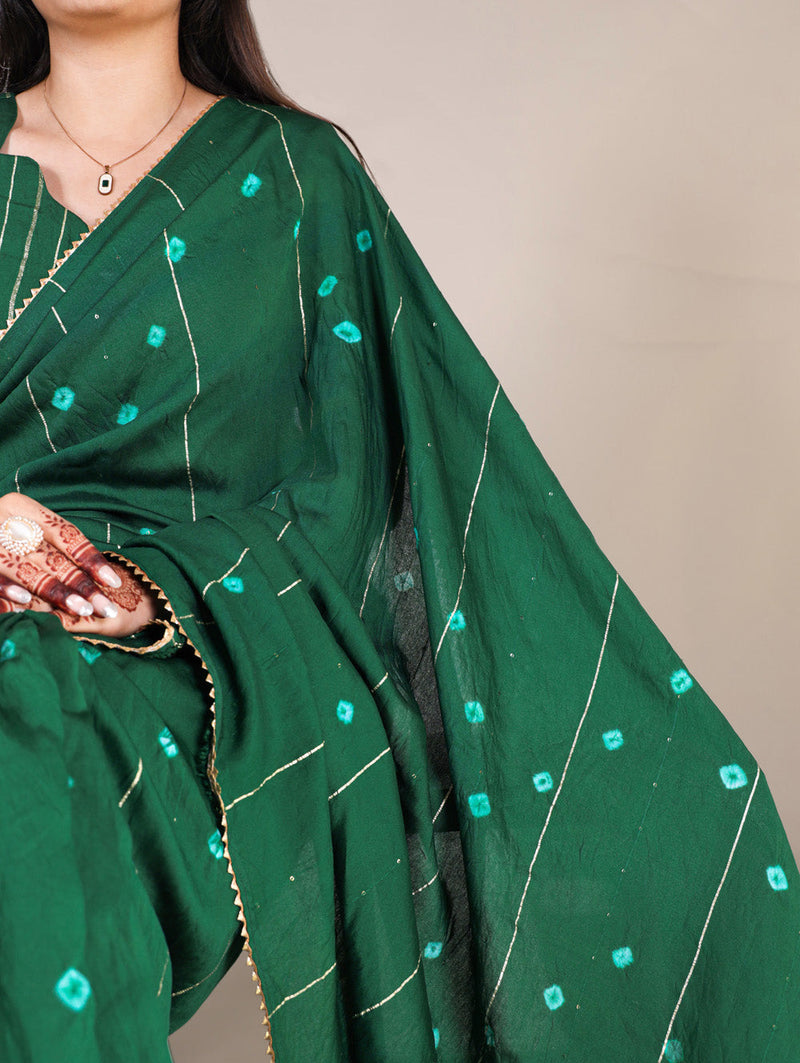 Green Color Sequins With Zari Line Viscose Chanderi Saree