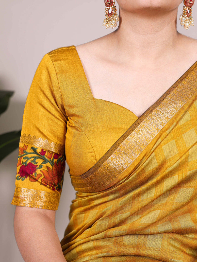 Mustard Color Printed With Zari Weaving Work Polyester Viscose Chanderi Saree