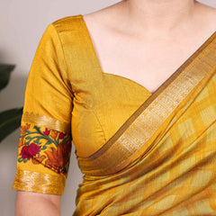 Mustard Color Printed With Zari Weaving Work Polyester Viscose Chanderi Saree