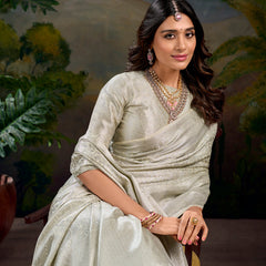 Off White Color Zari Weaving Work With Kanjivaram Saree