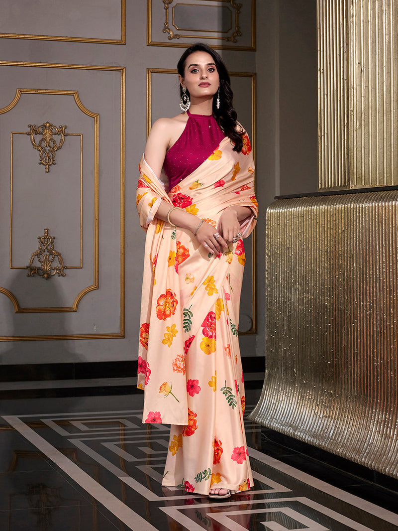 Cream Color Printed Satin Silk saree