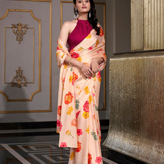 Cream Color Printed Satin Silk saree