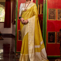 Yellow Color Zari Weaving Work Jacquard Chex South Indian Saree