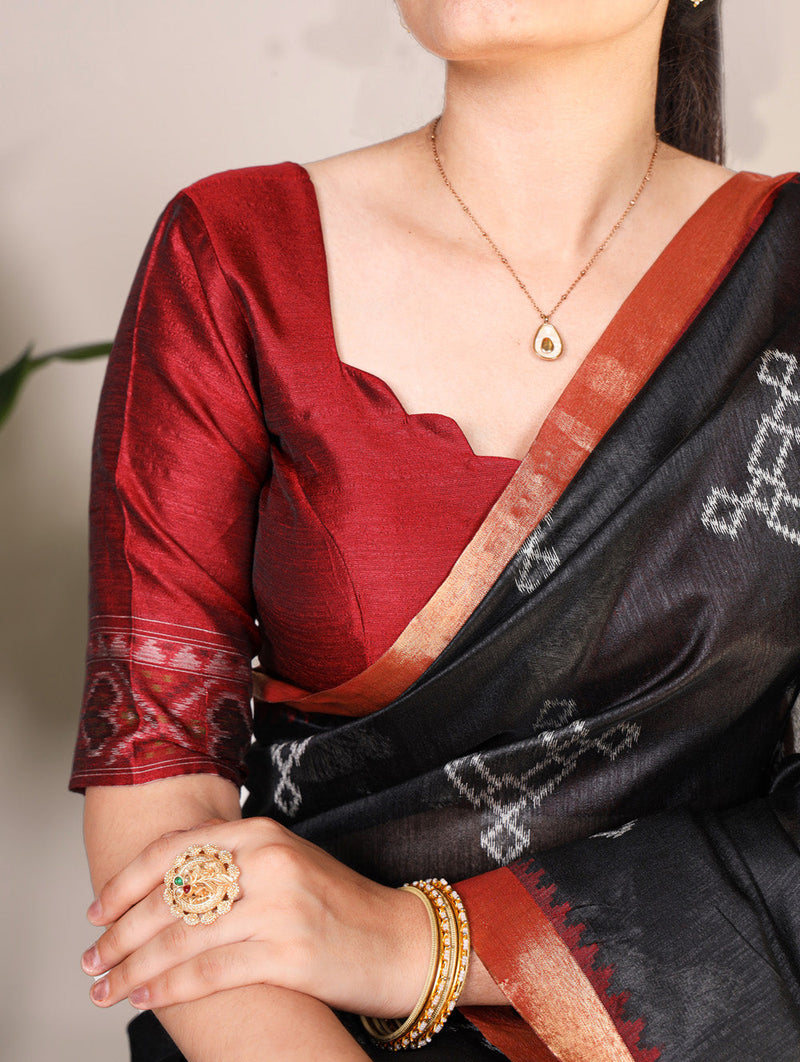 Black Color Printed With Zari Weaving Work Jacquard Silk Saree