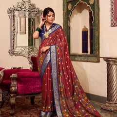 Maroon Color Kalamkari Print With Zari Weaving Work Poly Cotton Saree