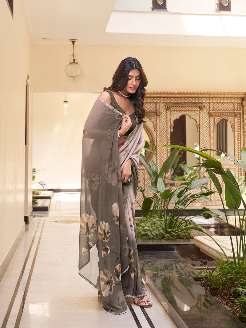 Coffee Color Floral Printed With Weightless Marbal saree