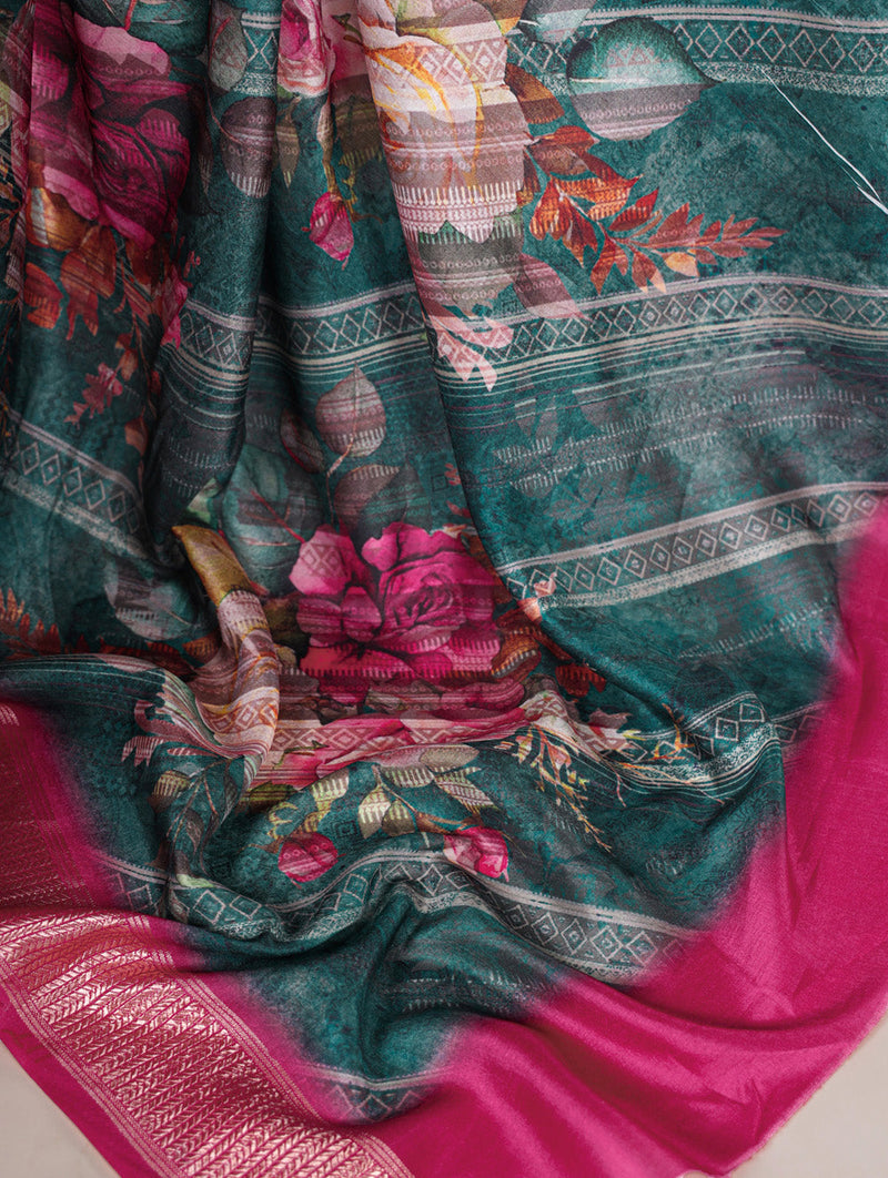 Green Color Printed Tussar Silk With Viscose Border Saree