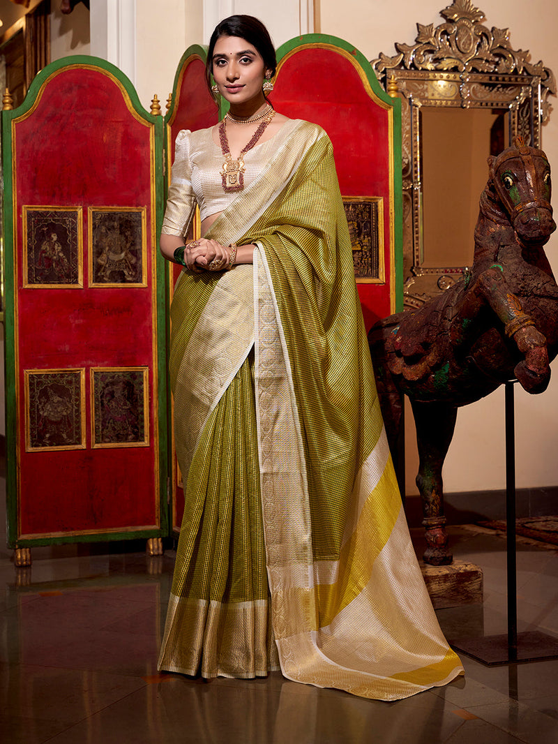 Green Color Zari Weaving Work Jacquard Chex South Saree
