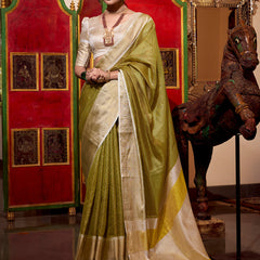 Green Color Zari Weaving Work Jacquard Chex South Saree