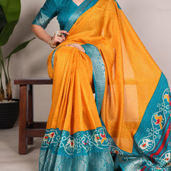 Mustard Color Patola Print With Weaving Work Tussar Chex Saree